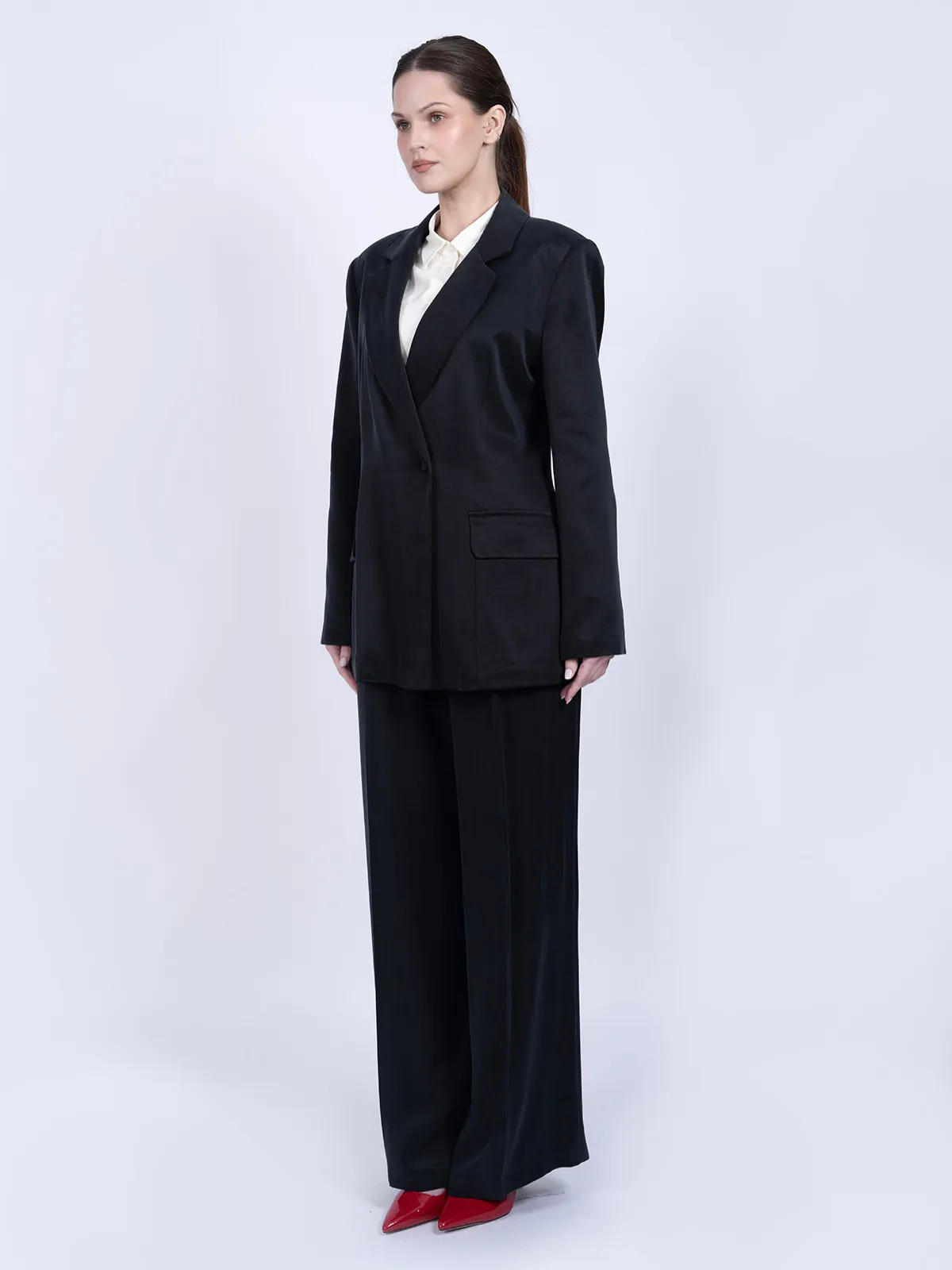 %100 İpek Cupro Düz Blazer Ceket & Pantalon Takımı - Siyah - Görsel 3