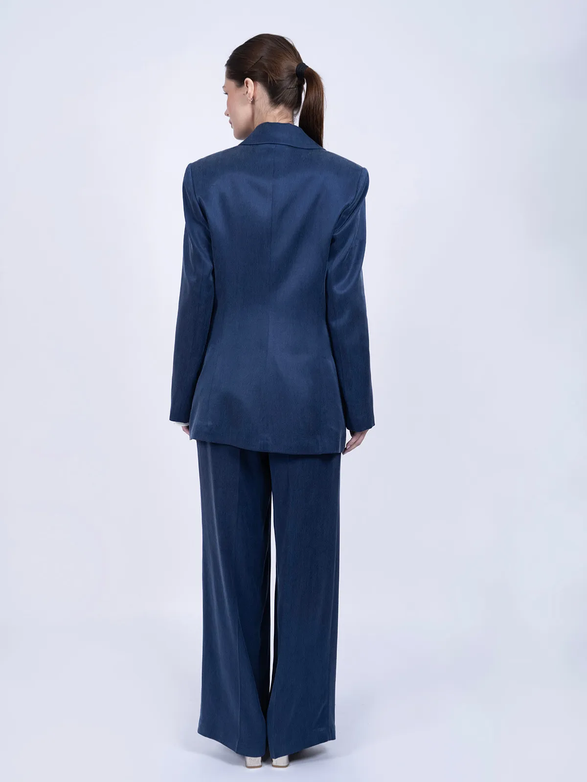 %100 İpek Cupro Düz Blazer Ceket & Pantalon Takımı - Lacivert - Görsel 4