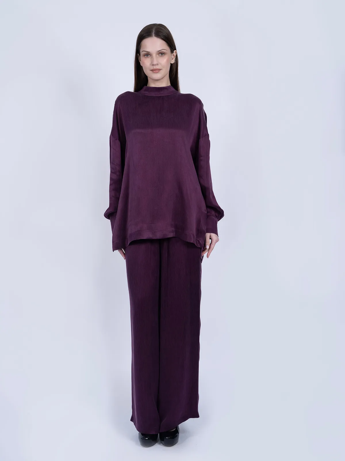 %100 İpek Cupro Basic Tunik & Pantolon Takımı - Mürdüm - Ana Görsel