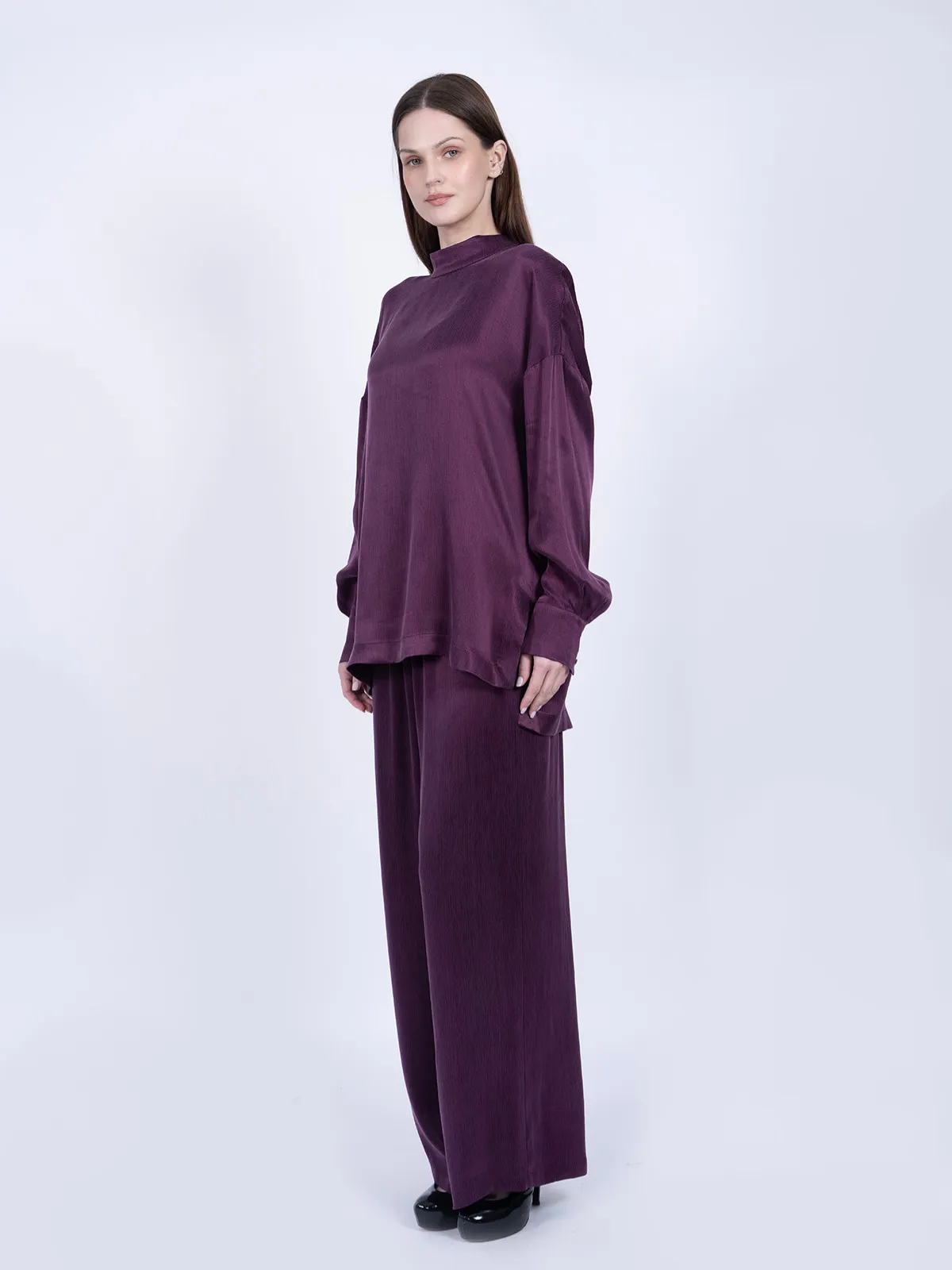 %100 İpek Cupro Basic Tunik & Pantolon Takımı - Mürdüm - Görsel 2