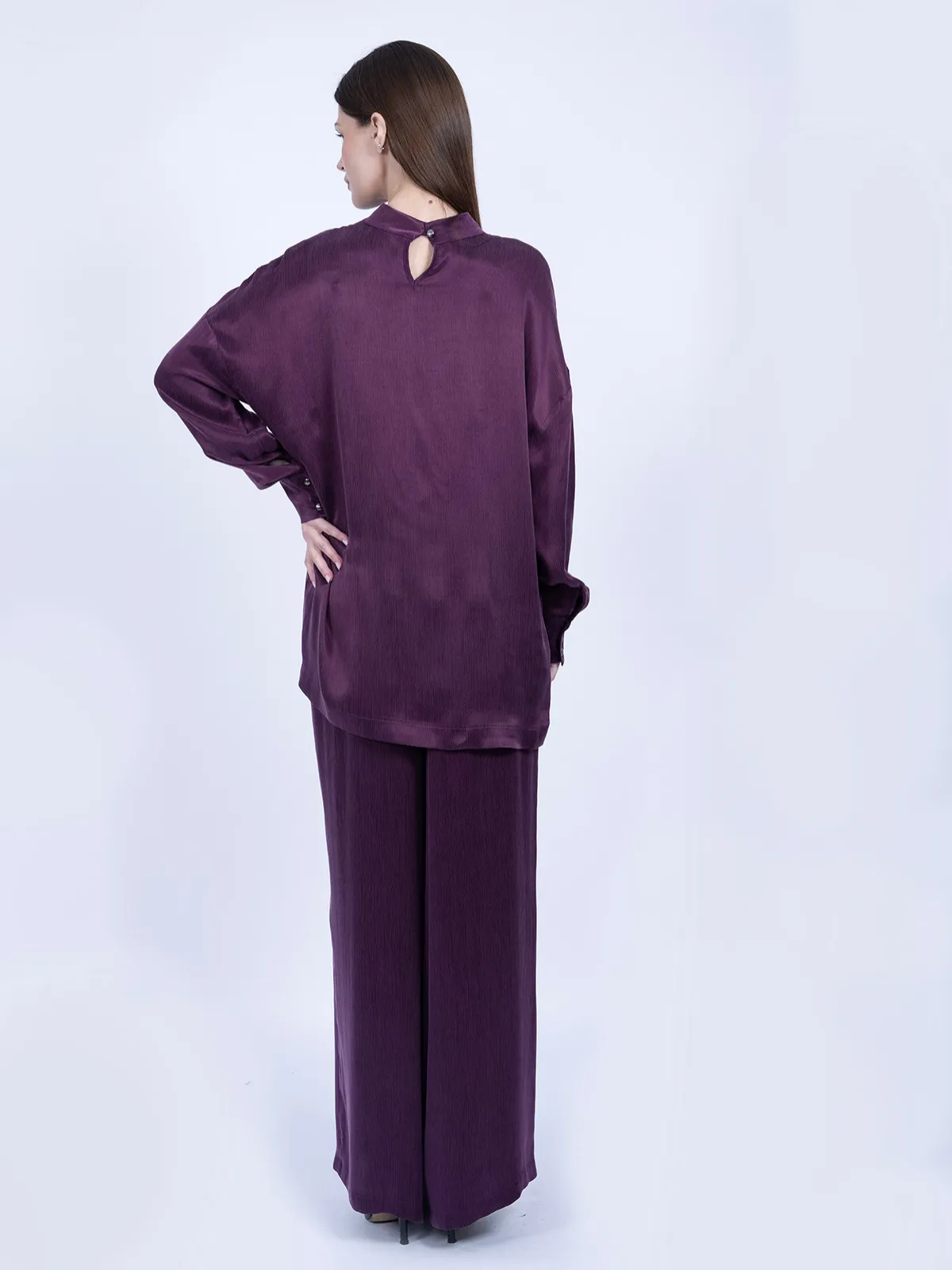 %100 İpek Cupro Basic Tunik & Pantolon Takımı - Mürdüm - Görsel 3