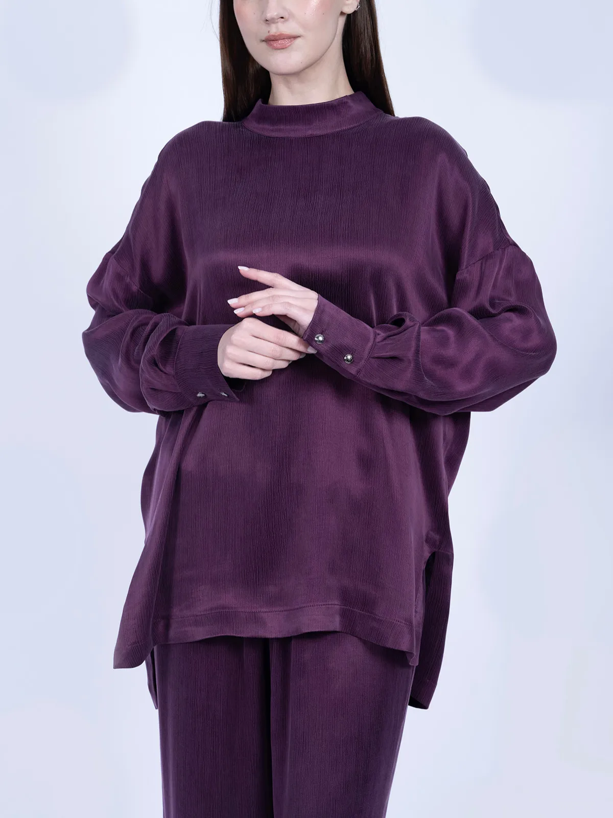 %100 İpek Cupro Basic Tunik & Pantolon Takımı - Mürdüm - Görsel 4