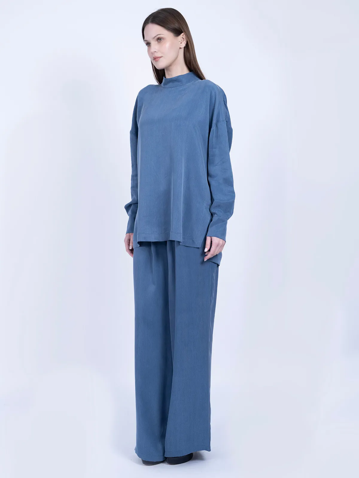 %100 İpek Cupro Basic Tunik & Pantolon Takımı - Mavi - Görsel 2