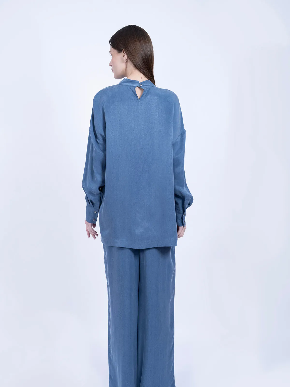 %100 İpek Cupro Basic Tunik & Pantolon Takımı - Mavi - Görsel 3