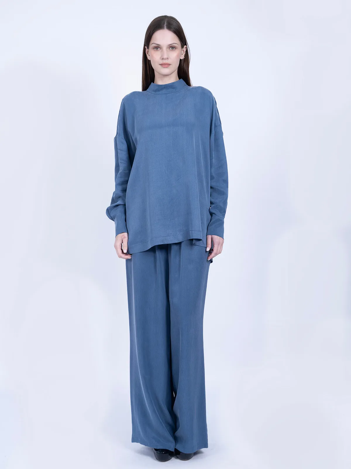 %100 İpek Cupro Basic Tunik & Pantolon Takımı - Mavi - Ana Görsel