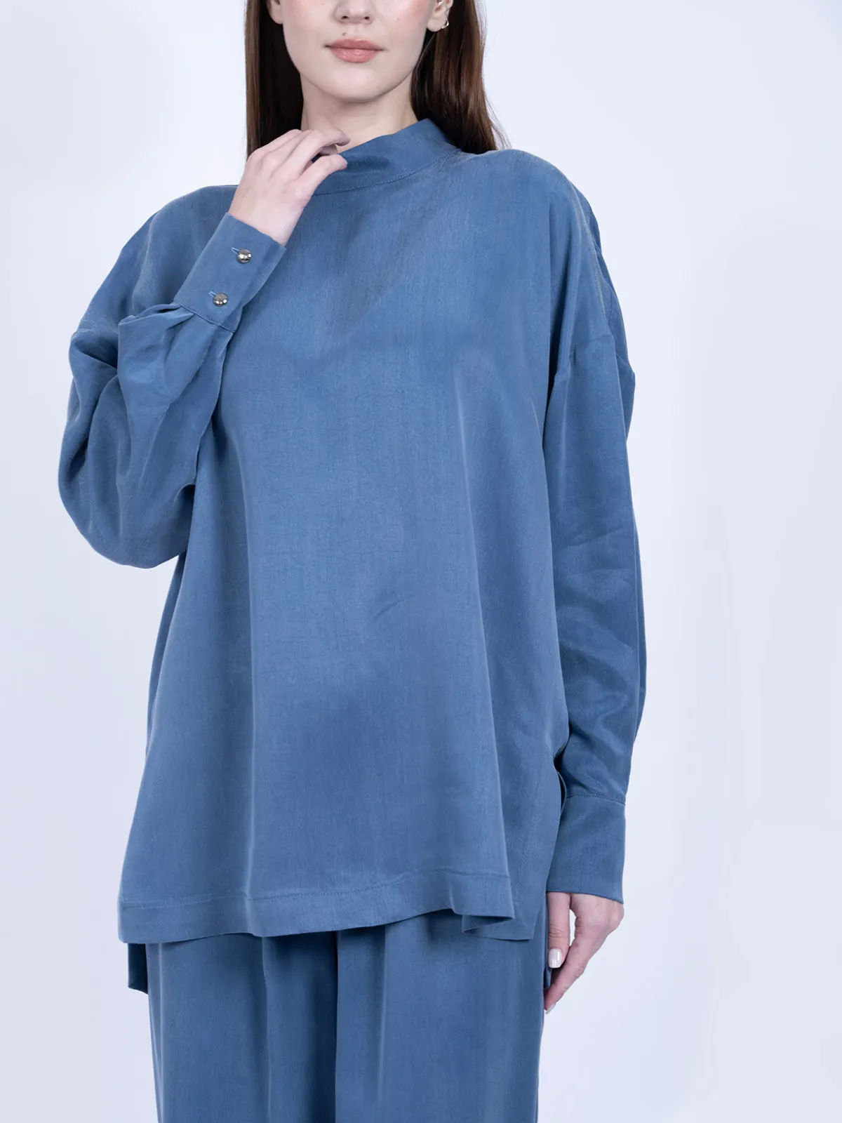 %100 İpek Cupro Basic Tunik & Pantolon Takımı - Mavi - Görsel 4