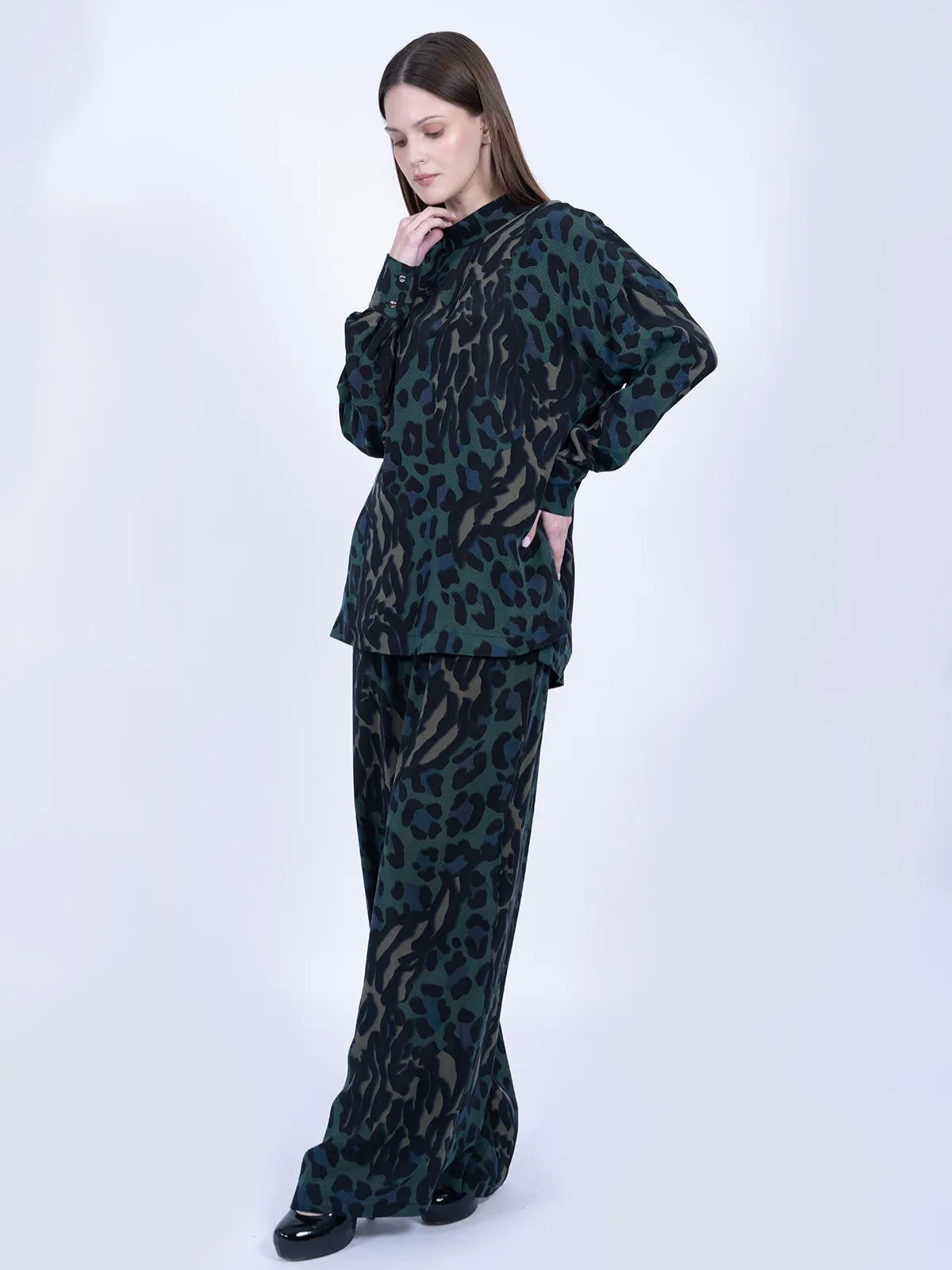 %100 İpek Cupro Basic Tunik & Pantolon Takımı - Leopar - Görsel 2