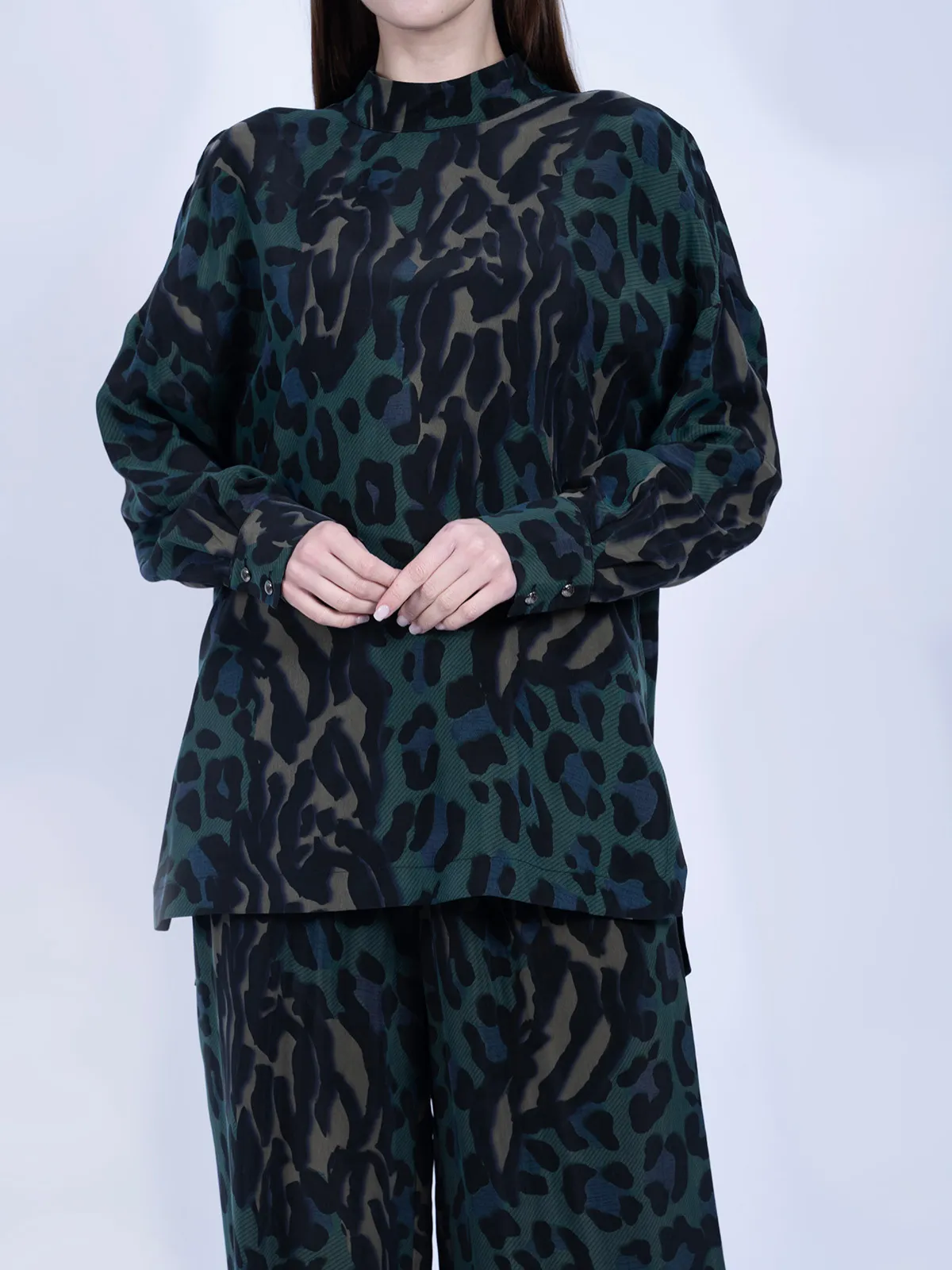 %100 İpek Cupro Basic Tunik & Pantolon Takımı - Leopar - Görsel 3