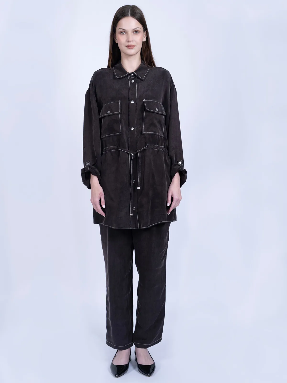 %100 İpek Cupro Bağlamalı Tunik Gömlek Pantolon Takımı - Kahverengi - Ana Görsel