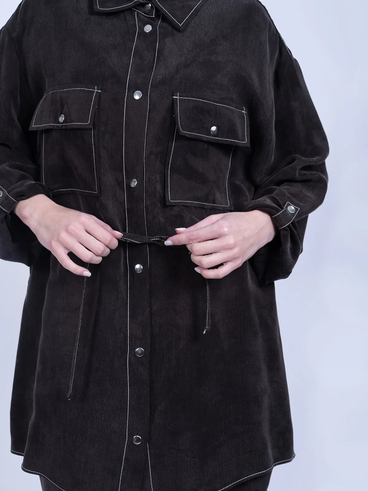 %100 İpek Cupro Bağlamalı Tunik Gömlek Pantolon Takımı - Kahverengi - Görsel 2