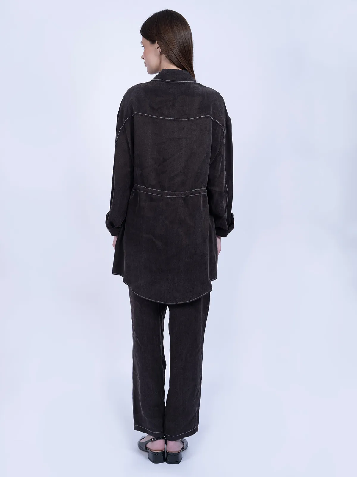 %100 İpek Cupro Bağlamalı Tunik Gömlek Pantolon Takımı - Kahverengi - Görsel 3