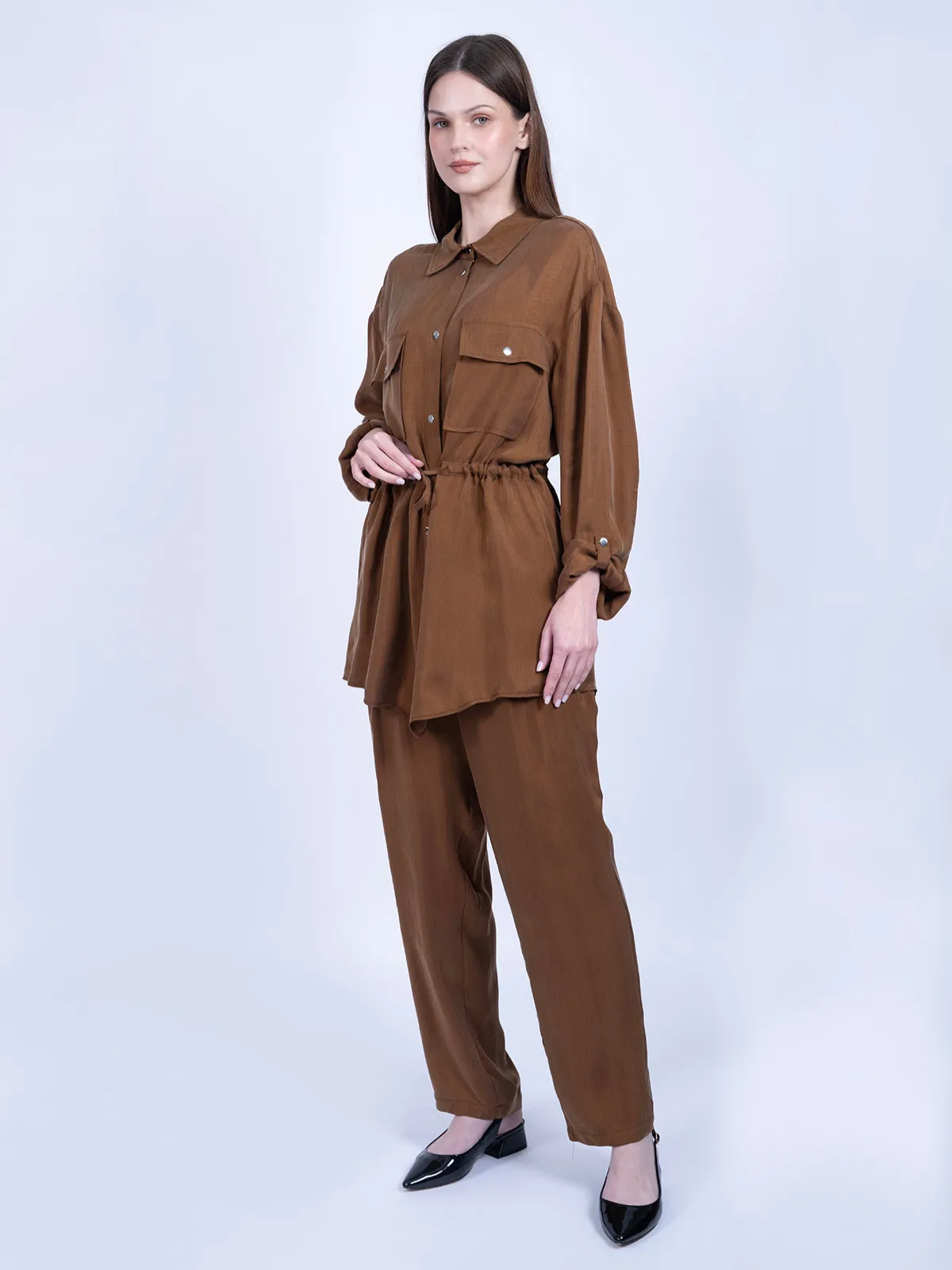 %100 İpek Cupro Bağlamalı Tunik Gömlek Pantolon Takımı - Camel - Ana Görsel