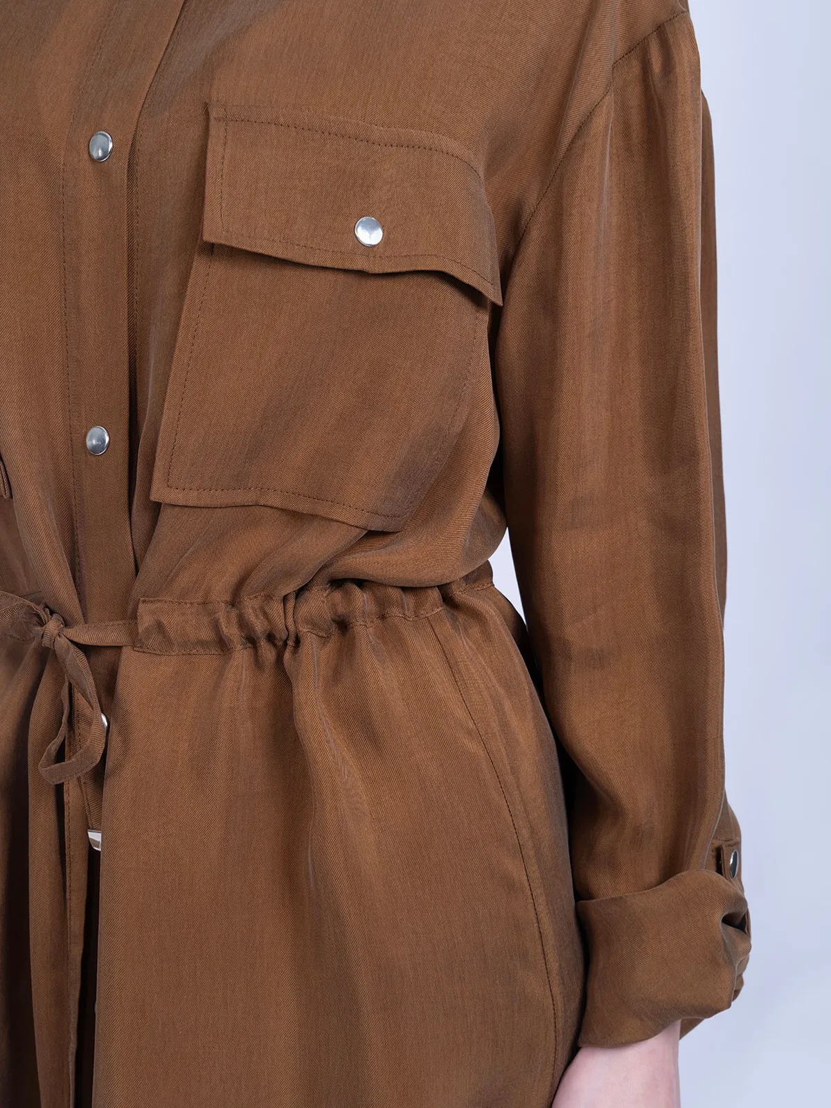 %100 İpek Cupro Bağlamalı Tunik Gömlek Pantolon Takımı - Camel - Görsel 2