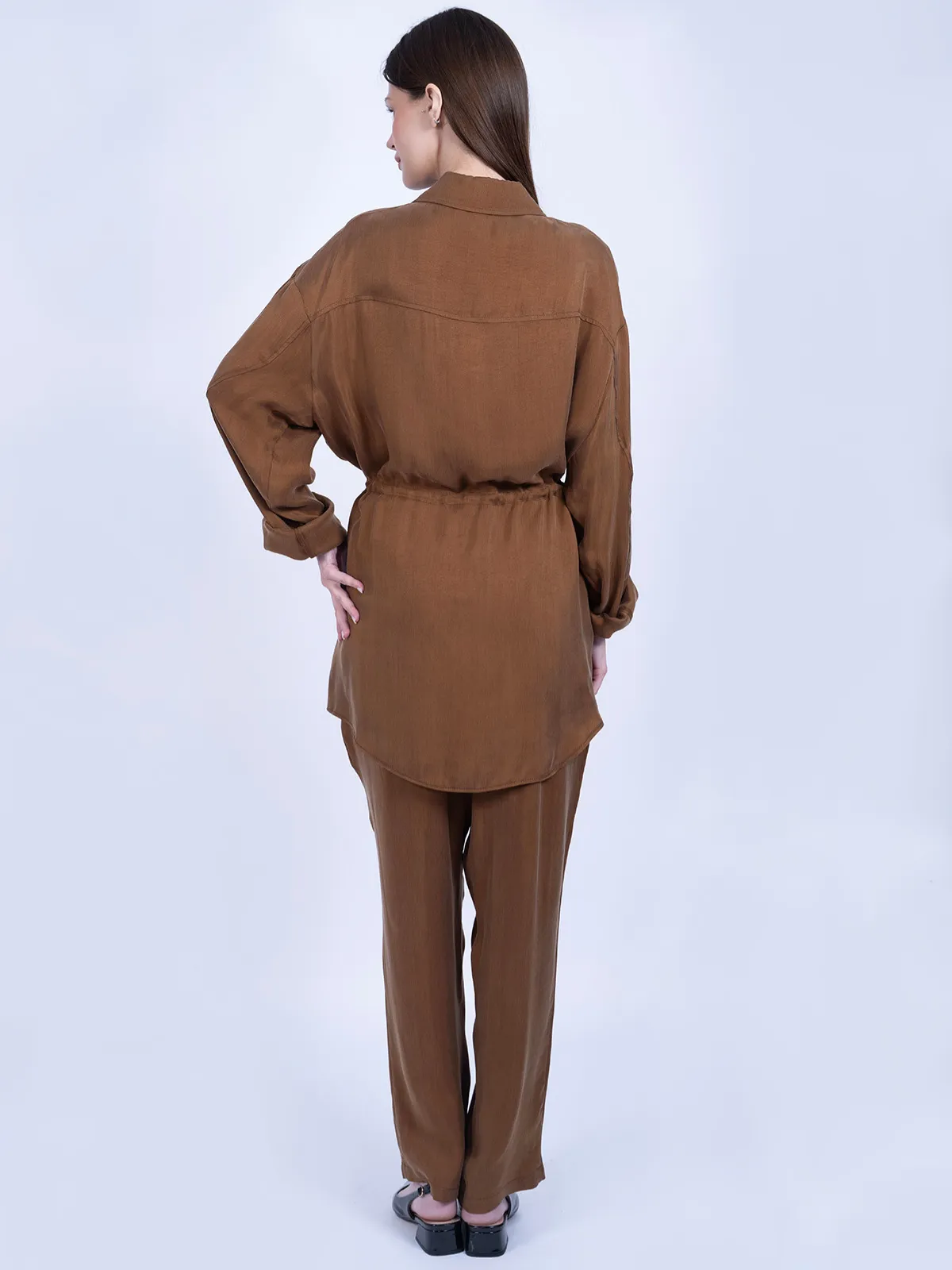 %100 İpek Cupro Bağlamalı Tunik Gömlek Pantolon Takımı - Camel - Görsel 3