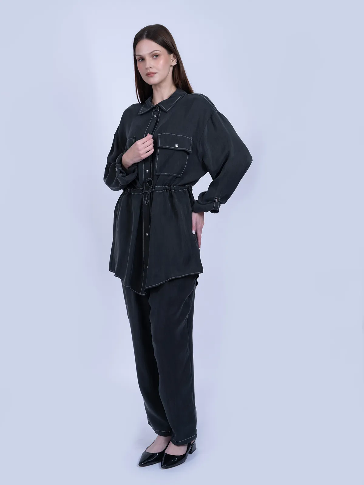 %100 İpek Cupro Bağlamalı Tunik Gömlek Pantolon Takımı - Gri - Ana Görsel