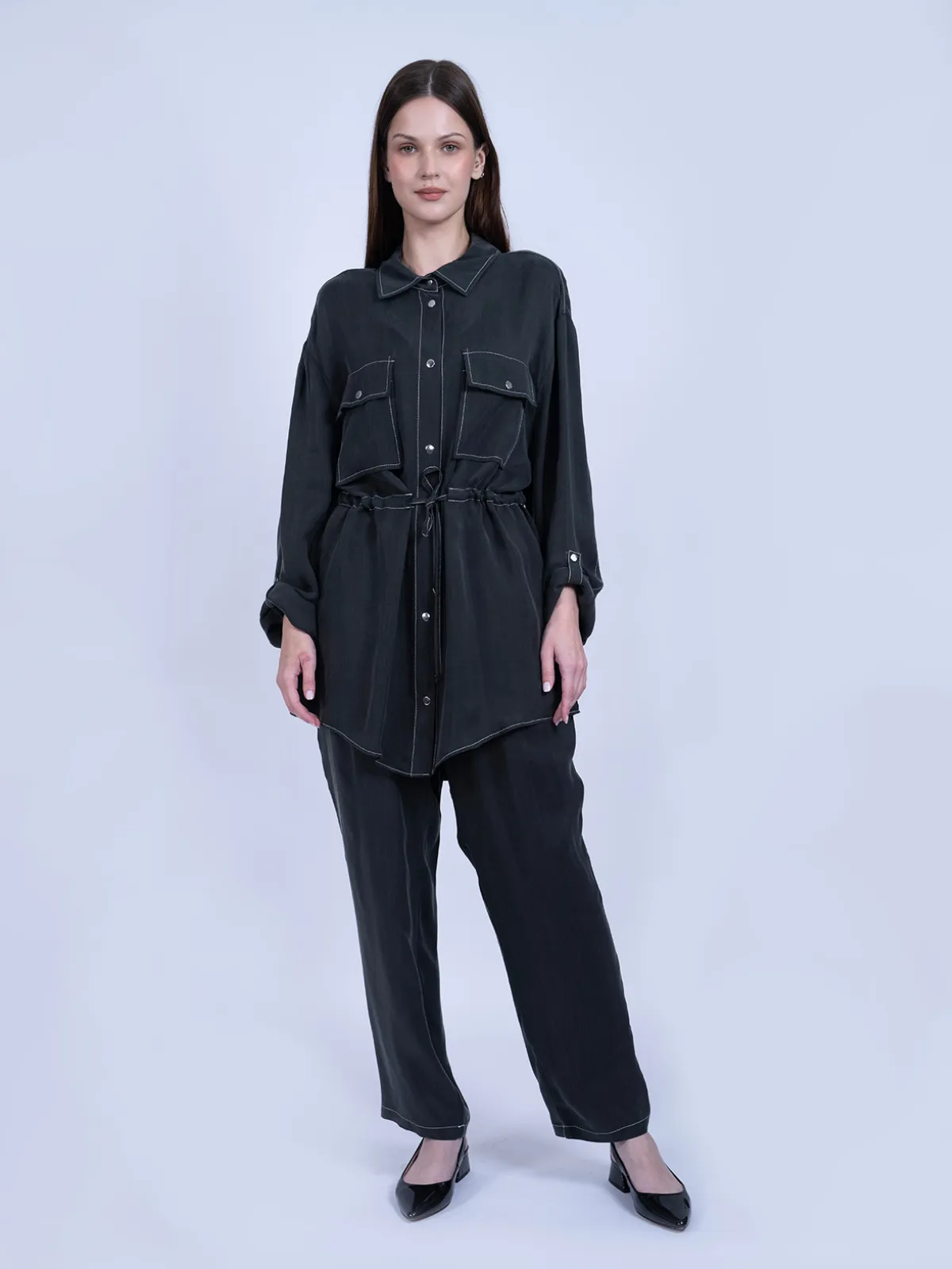 %100 İpek Cupro Bağlamalı Tunik Gömlek Pantolon Takımı - Gri - Görsel 2