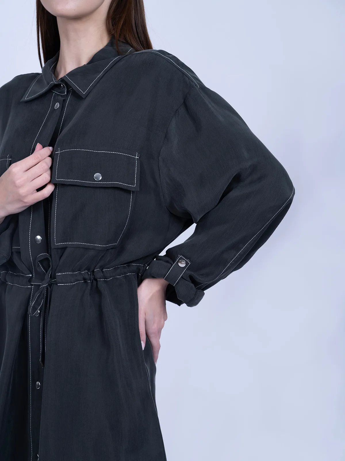 %100 İpek Cupro Bağlamalı Tunik Gömlek Pantolon Takımı - Gri - Görsel 3