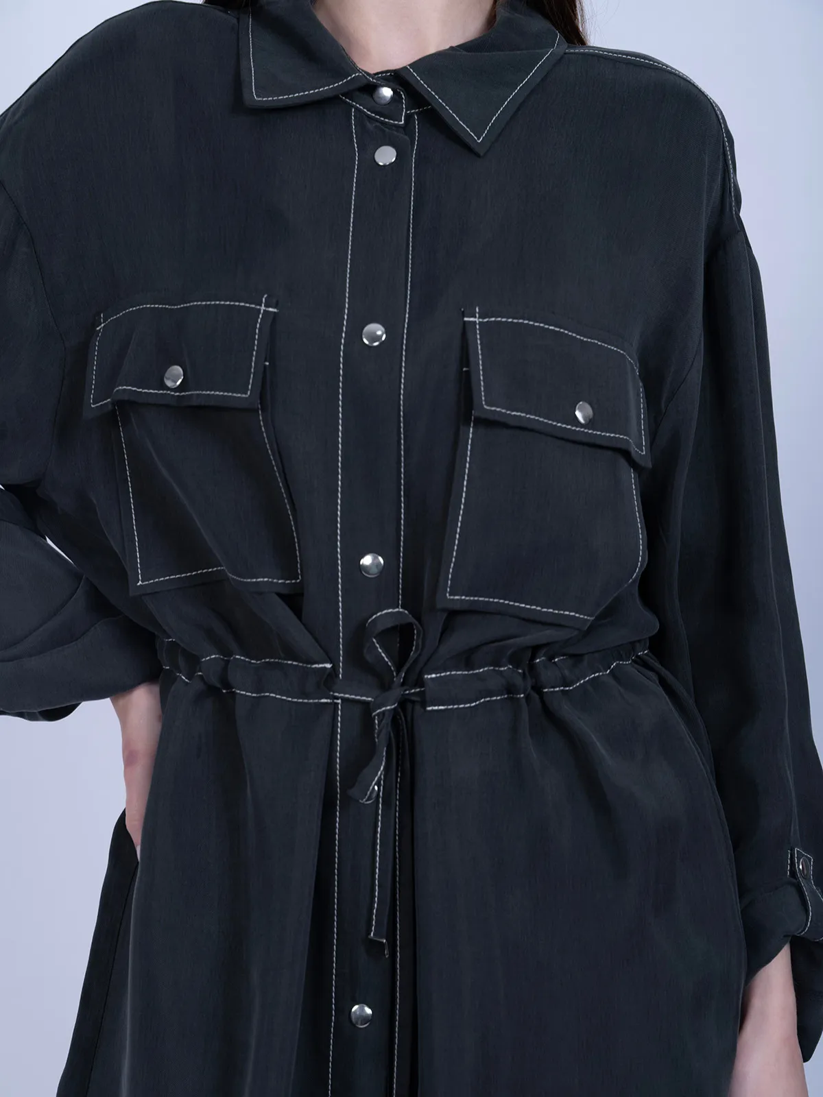 %100 İpek Cupro Bağlamalı Tunik Gömlek Pantolon Takımı - Gri - Görsel 4