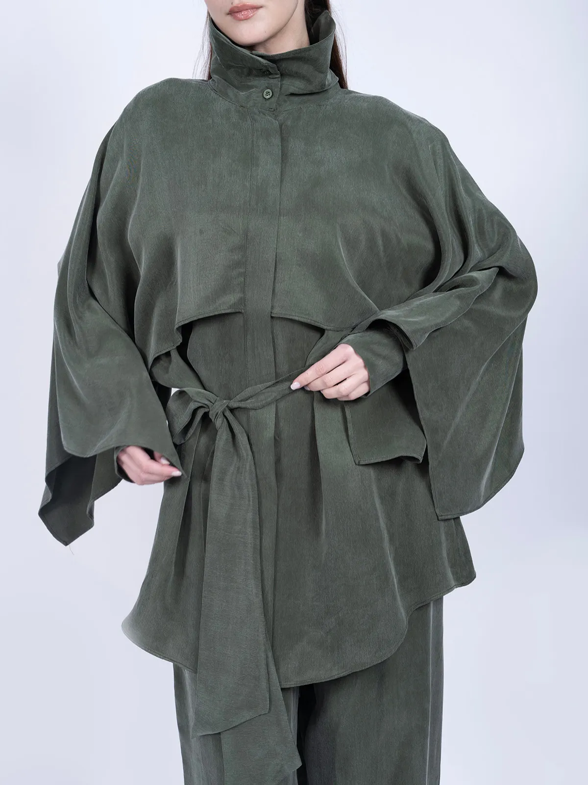 %100 İpek Cupro Pelerin Detaylı Tunik & Pantolon Takımı - Haki - Görsel 3