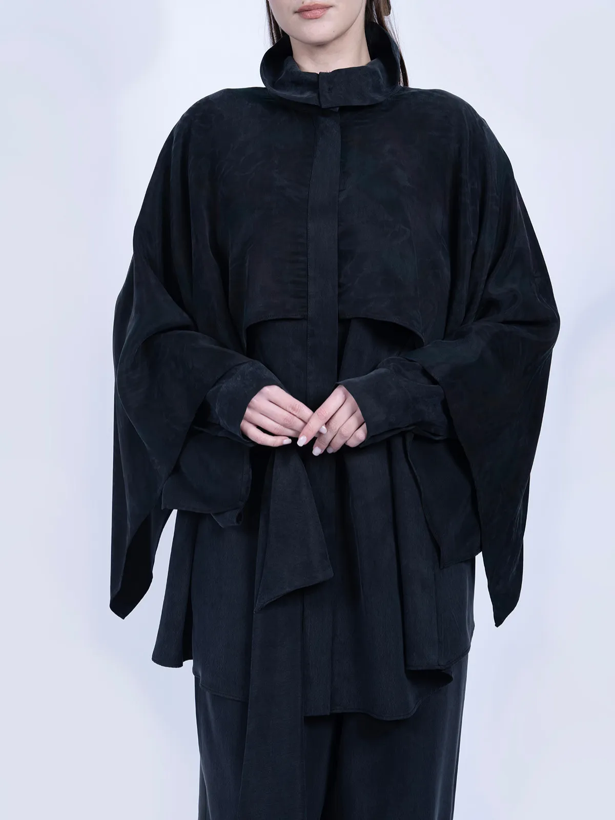 %100 İpek Cupro Desenli Pelerinli Tunik & Pantolon Takımı - Siyah - Görsel 3