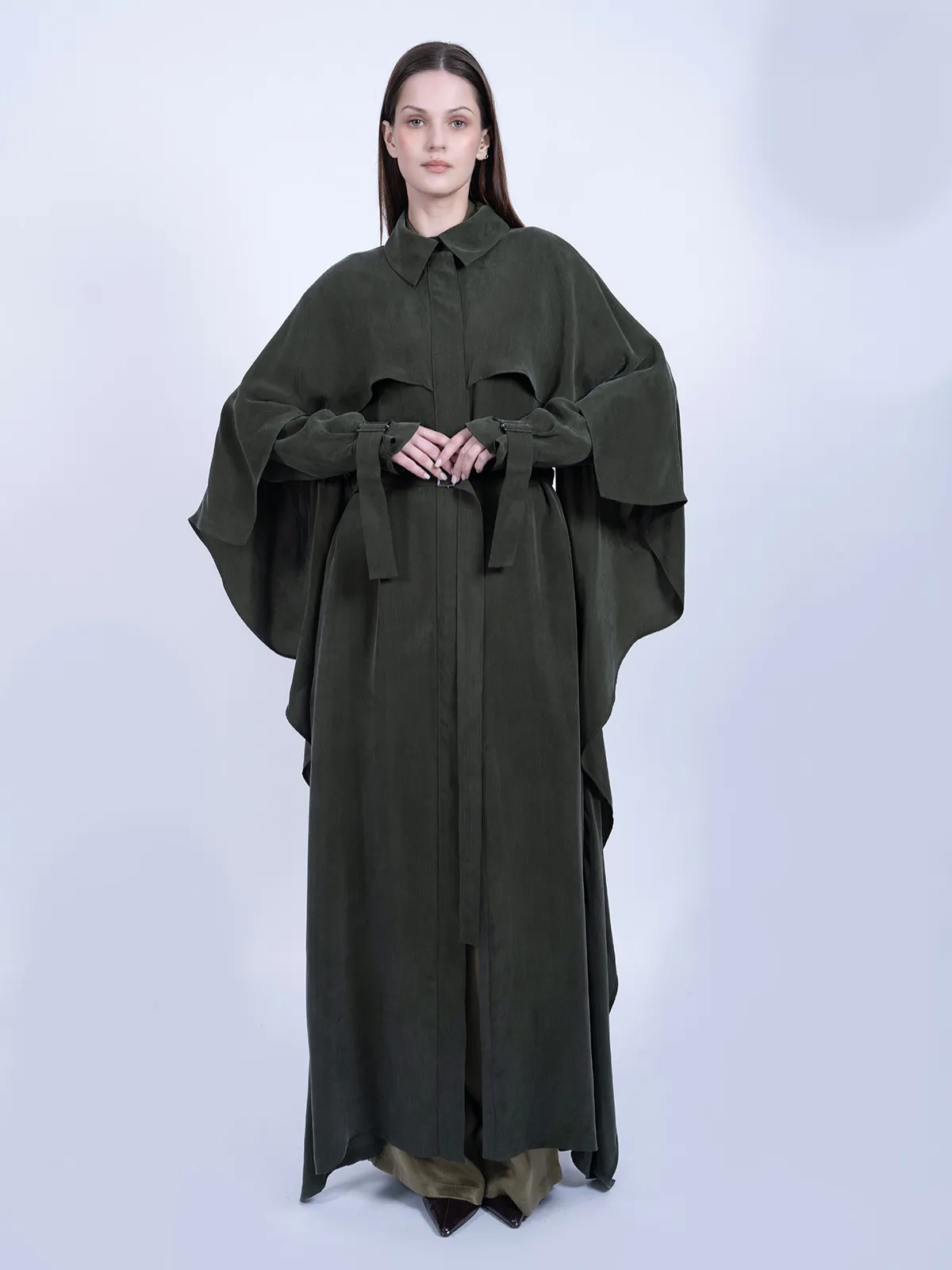 %100 İpek Cupro Pelerinli Trenç - Haki - Ana Görsel