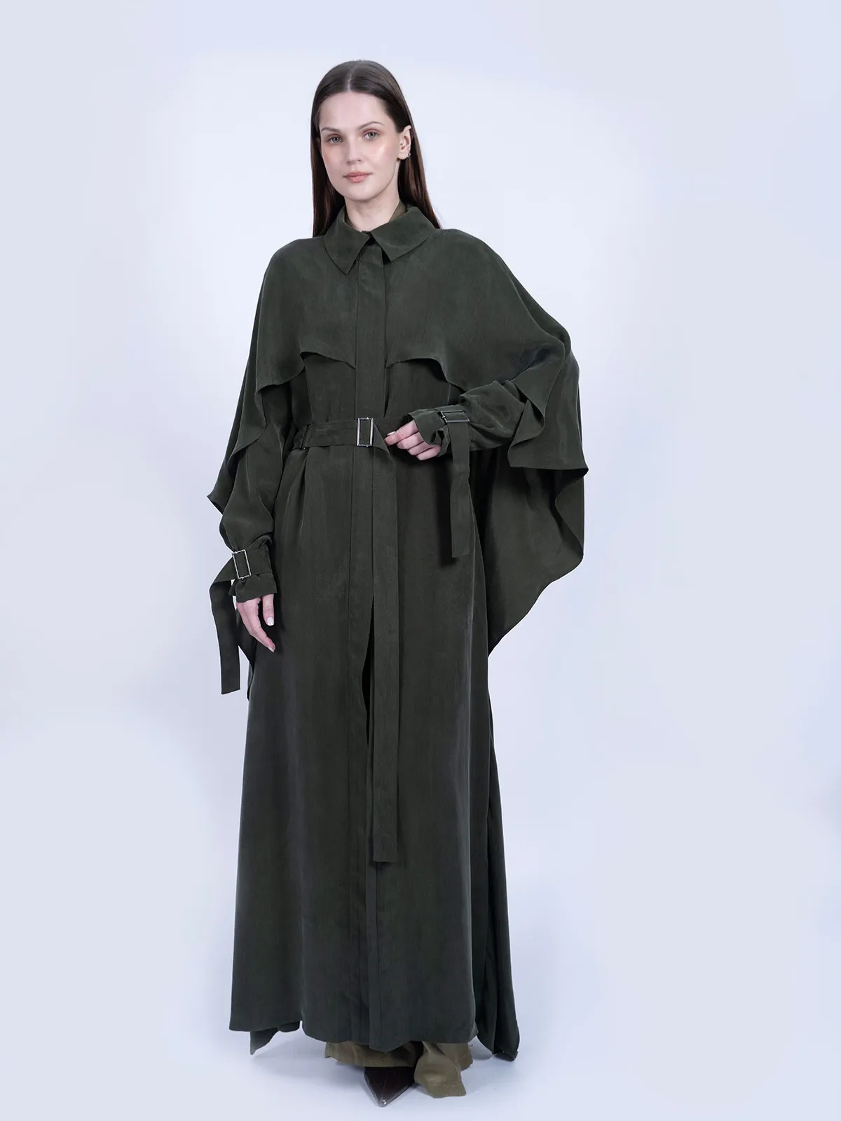 %100 İpek Cupro Pelerinli Trenç - Haki - Görsel 2