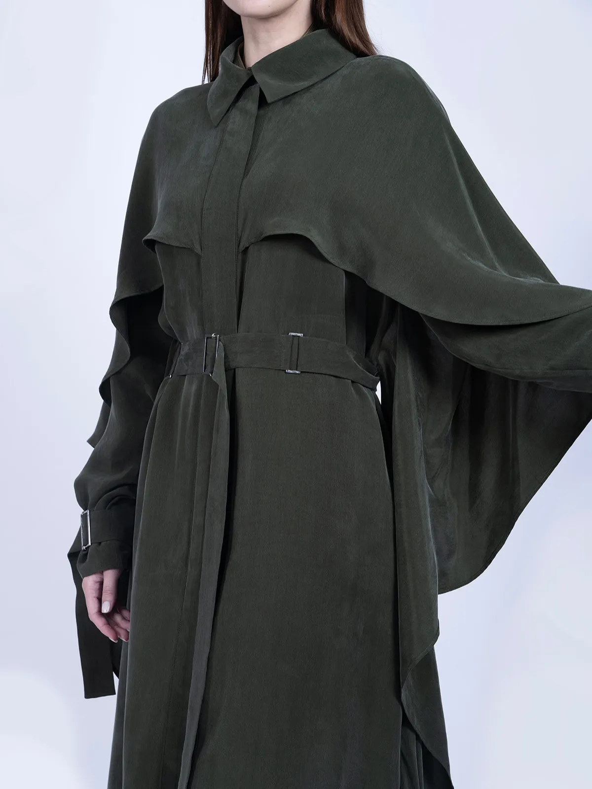 %100 İpek Cupro Pelerinli Trenç - Haki - Görsel 3