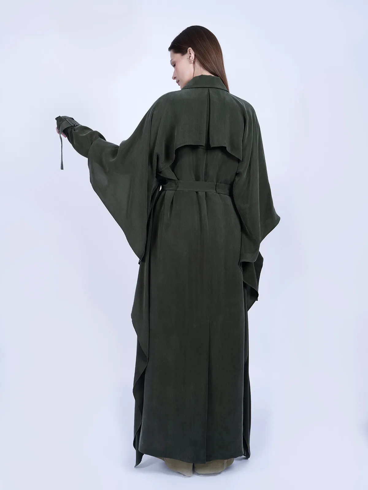 %100 İpek Cupro Pelerinli Trenç - Haki - Görsel 4