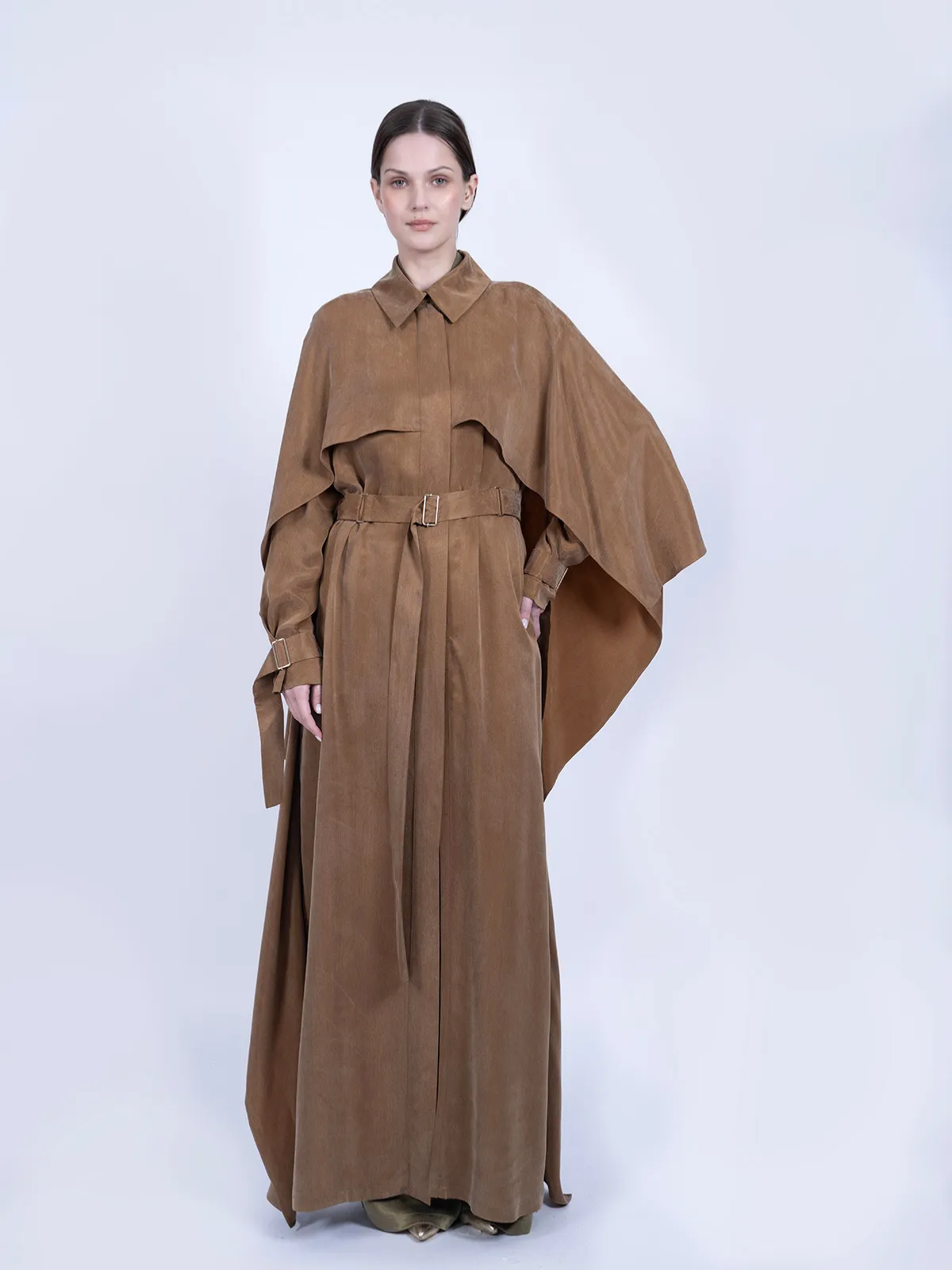 %100 İpek Cupro Pelerinli Trenç - Camel - Ana Görsel