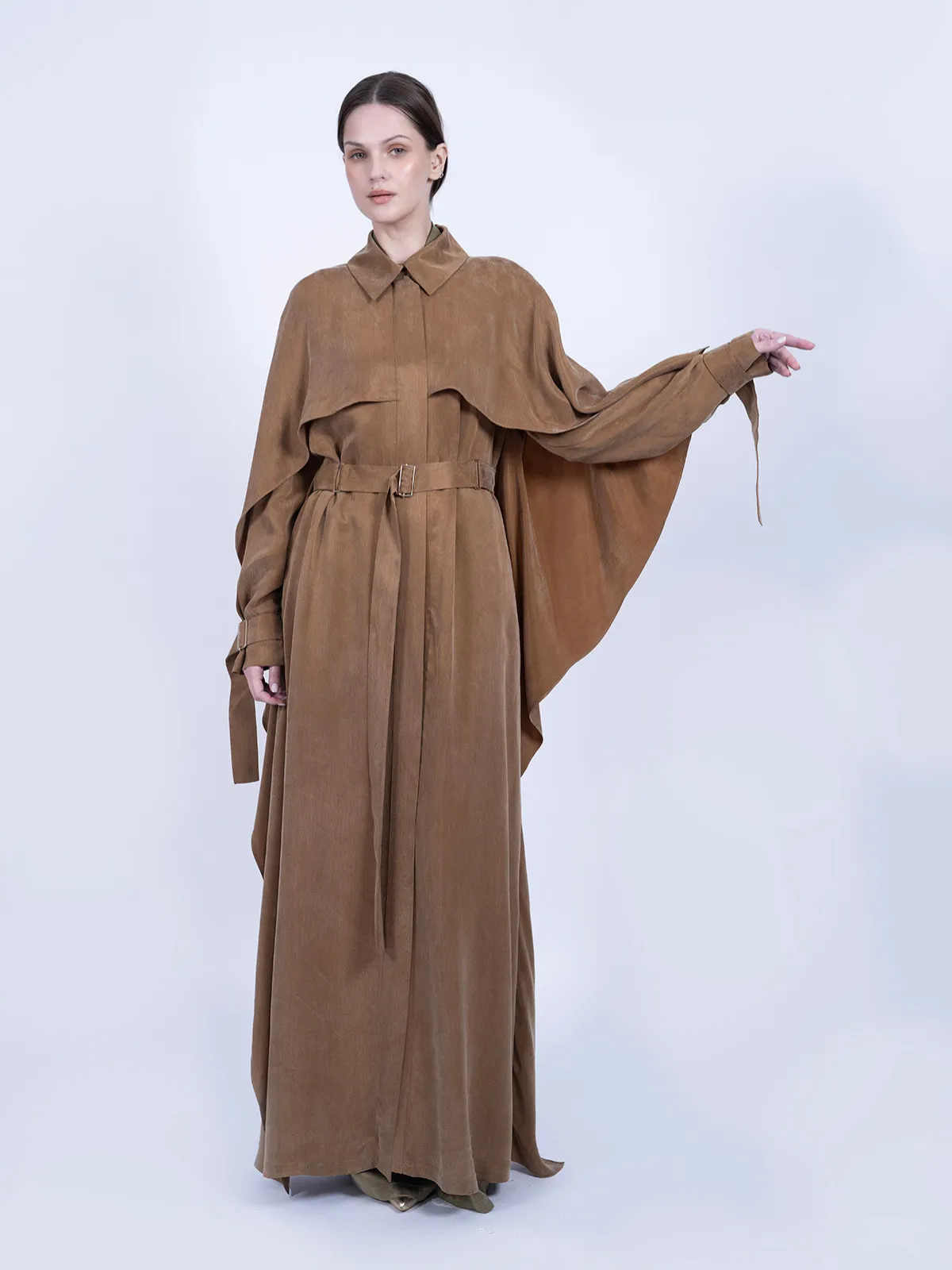 %100 İpek Cupro Pelerinli Trenç - Camel - Görsel 2