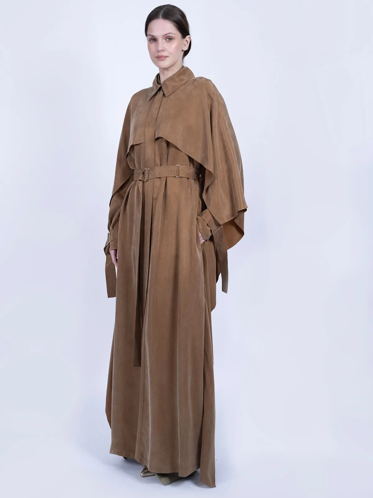 %100 İpek Cupro Pelerinli Trenç - Camel - Görsel 3