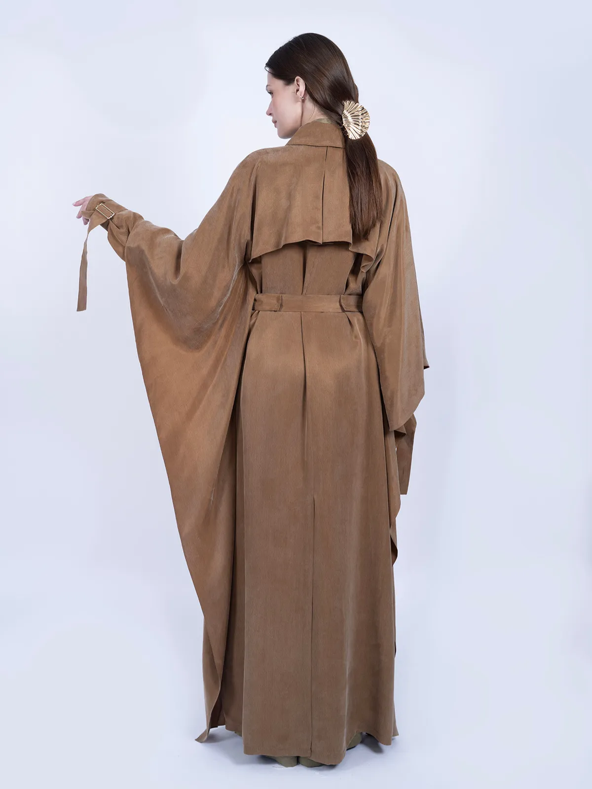 %100 İpek Cupro Pelerinli Trenç - Camel - Görsel 5