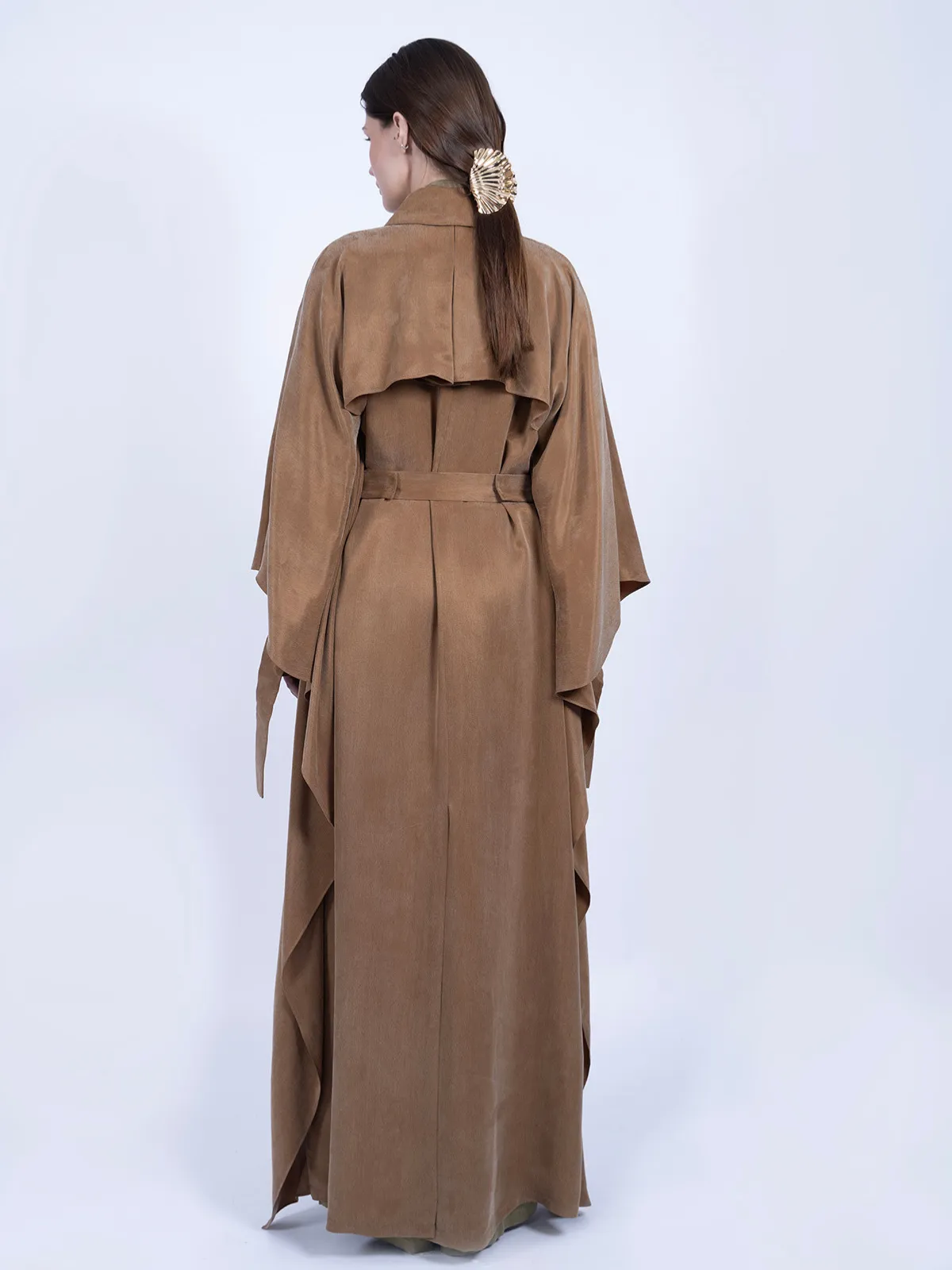 %100 İpek Cupro Pelerinli Trenç - Camel - Görsel 6