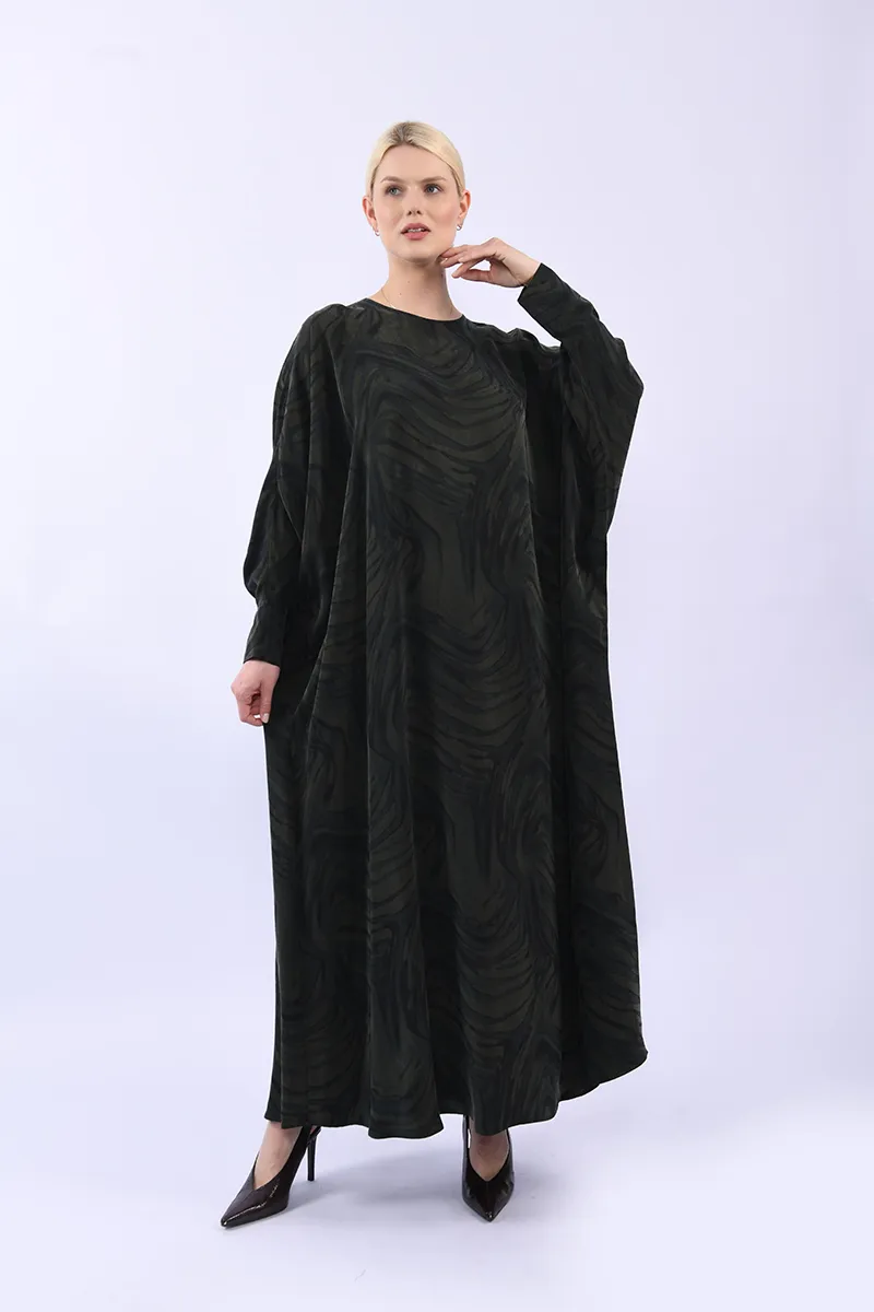 %100 İpeker Cupro Yeşil Desenli Yarasa Kol Elbise - Görsel 2