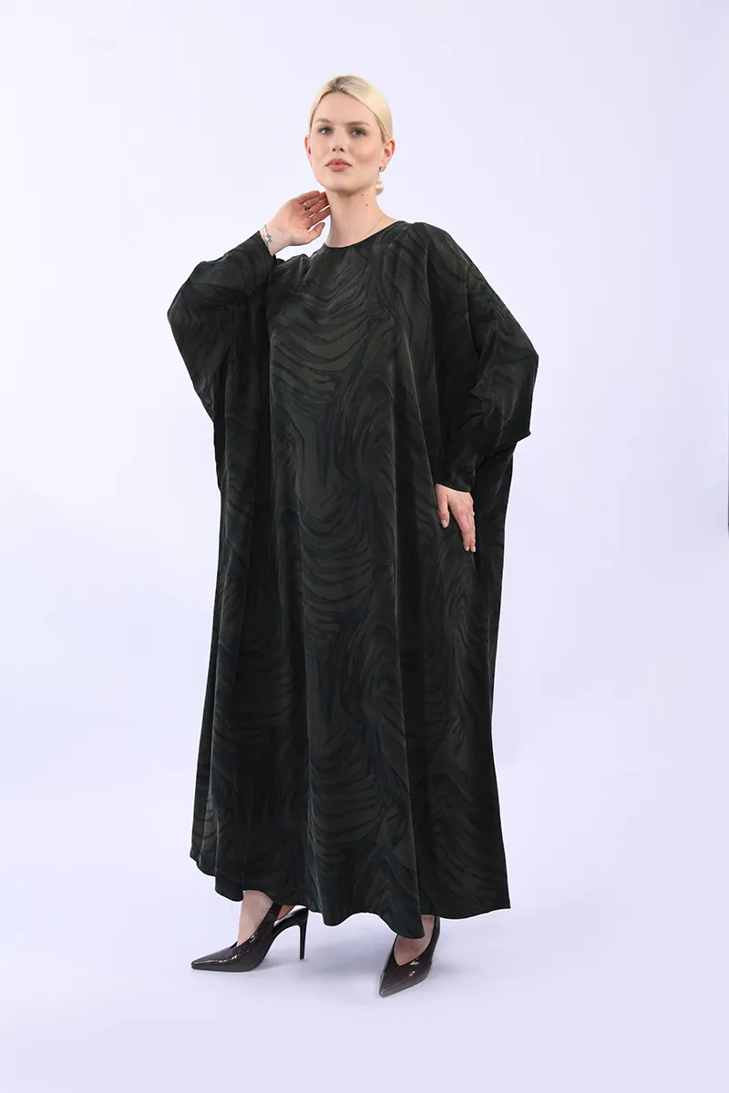 %100 İpeker Cupro Yeşil Desenli Yarasa Kol Elbise - Görsel 4