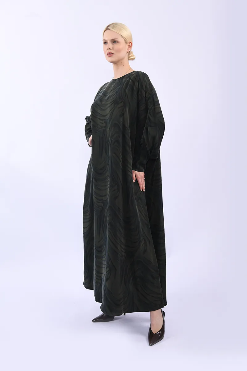 %100 İpeker Cupro Yeşil Desenli Yarasa Kol Elbise - Görsel 5