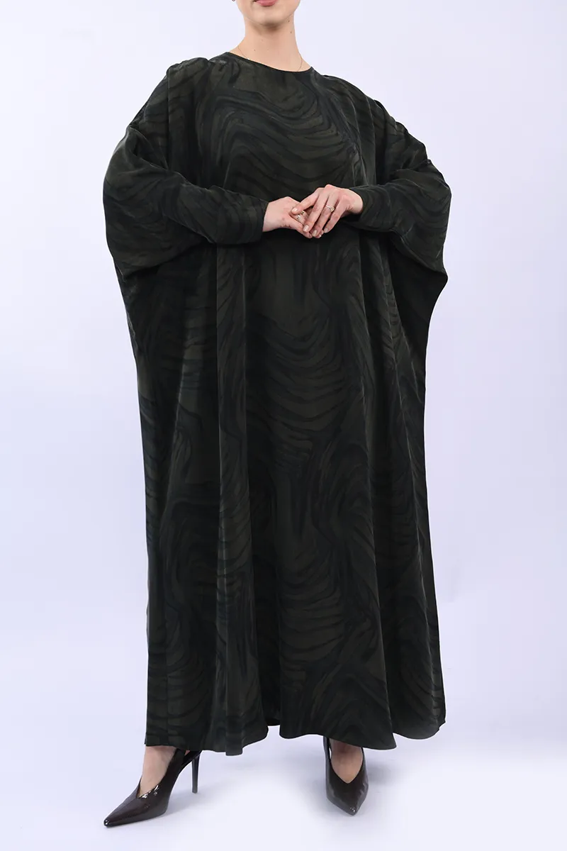 %100 İpeker Cupro Yeşil Desenli Yarasa Kol Elbise - Görsel 6