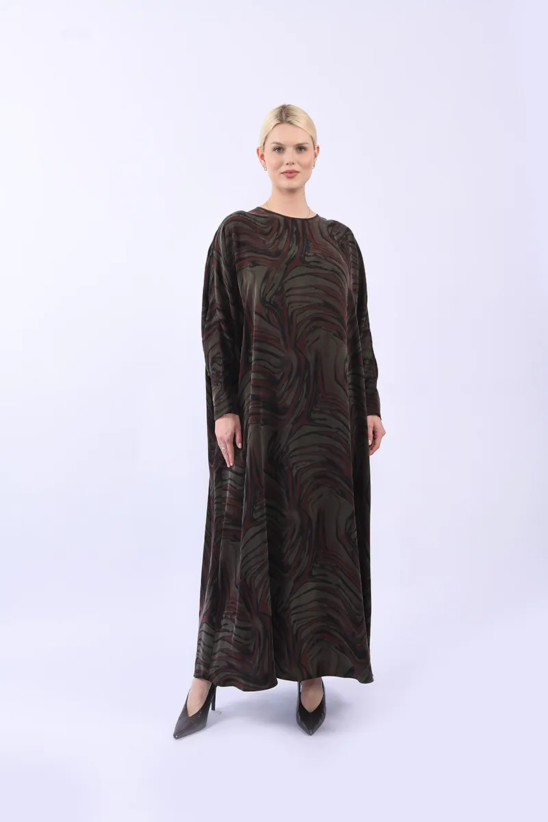 %100 İpeker Cupro Kahverengi - Yeşil Desenli Yarasa Kol Elbise - Görsel 2